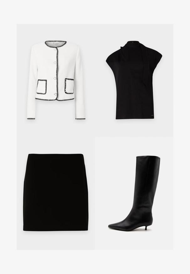 Veste blanche texturée avec des bordures noires en forme de vagues, boutons ronds en argent et deux poches avant avec des accents assortis.; Top noir à col montant avec manches courtes, présentant un design asymétrique et une longue cravate. Fabriqué en tissu lisse au look minimaliste.; Jupe mini noire en tissu lisse, présentant un design simple sans coutures ni ornements visibles. Lignes épurées et coupe droite.; Botte noire en cuir jusqu'au genou avec bout pointu et petit talon kitten sur un fond clair uni.