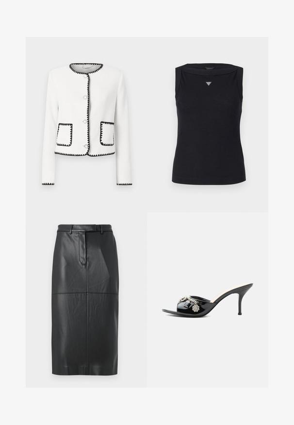 Veste blanche texturée avec des bordures noires en forme de vagues, boutons ronds en argent et deux poches avant avec des accents assortis.; Débardeur noir sans manches en coton, avec un col bateau et un petit logo triangulaire en cristal sur la poitrine. Texture lisse.; Jupe crayon en simili cuir noir avec passants de ceinture, couture frontale et fermeture dissimulée, longueur genoux avec une finition lisse.; Mule à talon haut en cuir verni noir avec bout ouvert et breloques argentées décoratives comprenant une fleur et un cadenas sur la bride avant.