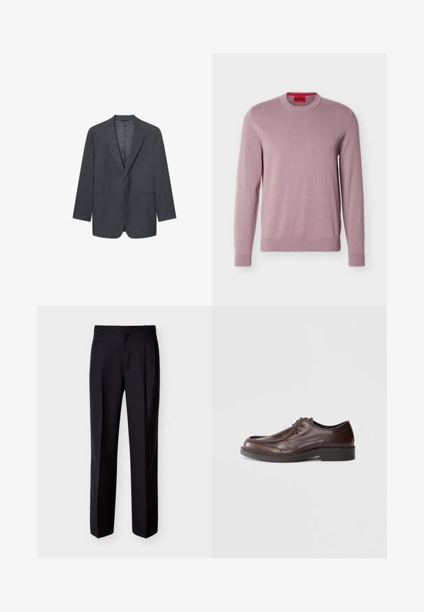 Donkergrijze herenblazer met notch-lapels, enkele knoopsluiting, twee voorzakken en een gladde binnenvoering. Tailored fit.; Lavendelkleurige trui met lange mouwen en ronde hals, voorzien van geribbelde manchetten en zoom, met een reliëf "HUGO" logo op de borst en een rood merklipje aan de binnenkant van de kraag.; Zwarte, op maat gemaakte broek met rechte pasvorm, geplooide voorkant en zijzakken. Gemaakt van een gladde, lichtgewicht stof met een effen patroon.; Bruine leren nette schoen met een ronde neus, minimale stiksels en een stevige zwarte zool. Voorzien van vetersluiting en een gladde textuur.