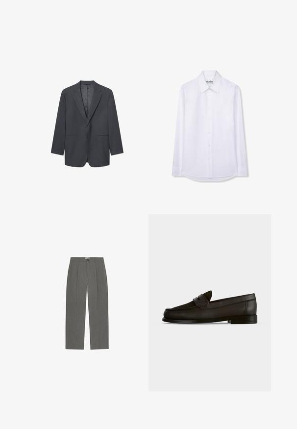 Donkergrijze herenblazer met notch-lapels, enkele knoopsluiting, twee voorzakken en een gladde binnenvoering. Tailored fit.; Wit overhemd met lange mouwen en puntkraag, plat uitgestald op een witte achtergrond.; Grijze geplooide broek met een rechte pijp, voorzien van een knoopsluiting aan de voorkant en een gestructureerde stof voor een op maat gemaakte uitstraling.; Zwarte leren penny loafer met lage hak, afgeronde neus en riemdetail over de voorkant, gezien van opzij tegen een effen achtergrond.
