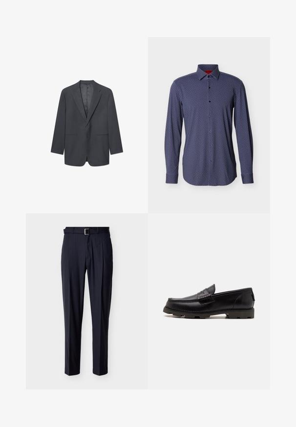 Donkergrijze herenblazer met notch-lapels, enkele knoopsluiting, twee voorzakken en een gladde binnenvoering. Tailored fit.; Marineblauw overhemd met lange mouwen en knoopsluiting, voorzien van een klein wit ruitpatroon, zachte stof, knoopmanchetten en klassieke kraag.; Marineblauwe pantalon met krijtstreep, op maat gemaakt, met een bijpassende riem en een zilveren rechthoekige gesp, plat liggend op een lichte achtergrond.; Zwarte leren instappers met een ronde neuspunt, decoratieve stiksels en een gestructureerde zool voor grip. Licht verhoogde hak.