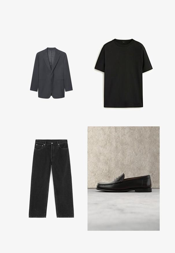 Donkergrijze herenblazer met notch-lapels, enkele knoopsluiting, twee voorzakken en een gladde binnenvoering. Tailored fit.; Zwarte katoenen t-shirt met een klassieke ronde hals, korte mouwen en een comfortabele pasvorm. Gladde textuur, zonder patronen of versieringen.; Zwarte spijkerbroek met rechte pijpen, voor- en achterzakken, riemlussen en een knoopsluiting in de taille.; Zwarte leren penny loafer met lage hak, afgeronde neus en gestikte details langs de voorkant en zijkanten, afgebeeld op een neutrale achtergrond.