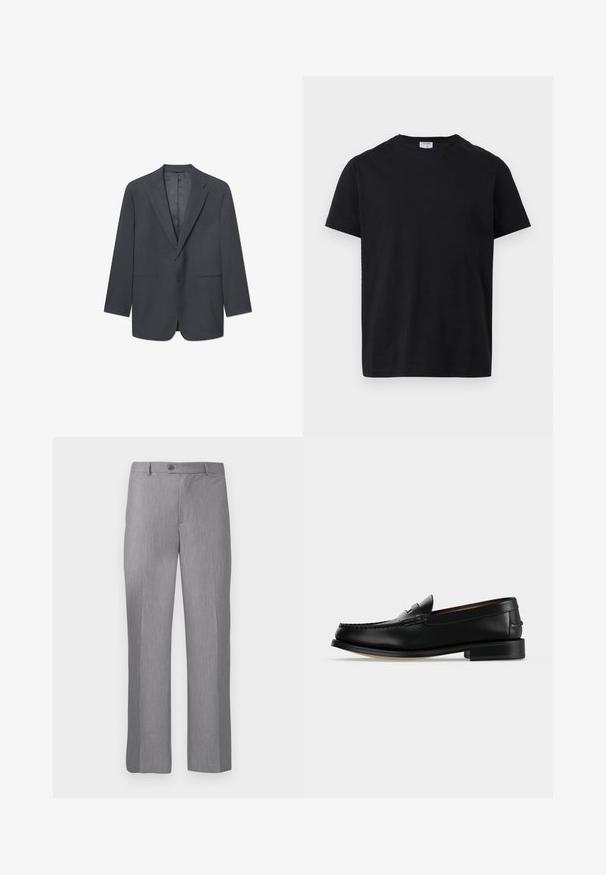 Blazer para hombre en gris oscuro con solapas de muesca, cierre de un botón, dos bolsillos delanteros y forro interior suave. Corte entallado.; Camiseta negra de manga corta con cuello redondo y una pequeña etiqueta blanca dentro del cuello, mostrada extendida sobre un fondo blanco.; Pantalones de traje grises ajustados con pasadores para cinturón, botón frontal y cremallera, con un corte de pierna recta.; Mocasín masculino de cuero negro con tacón bajo y costura estilo mocasín en la puntera, mostrado de lado sobre un fondo liso.