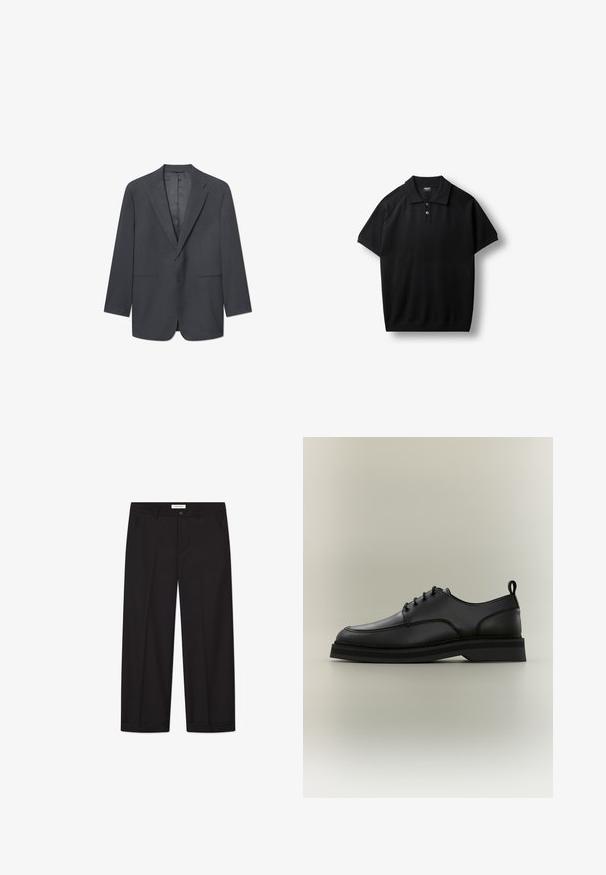 Blazer para hombre en gris oscuro con solapas de muesca, cierre de un botón, dos bolsillos delanteros y forro interior suave. Corte entallado.; Polo negro de manga corta con dos botones frontales y cuello y bordes de las mangas acanalados, colocado sobre un fondo blanco.; Pantalones de pierna ancha negros, confeccionados con una tela suave. Cuentan con cierre de botón y cremallera, dos bolsillos delanteros y un acabado de dobladillo nítido.; Zapato de vestir negro de cuero con cordones, suela gruesa y lengüeta en el talón, mostrado de perfil sobre fondo neutro.