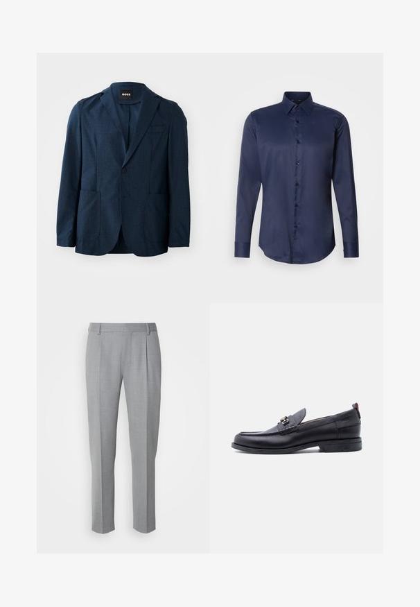 Navyblauer Blazer aus strukturiertem Stoff, mit zwei Fronttaschen, einreihiger Knopfverschluss und Reverskragen. Markenlabel im Kragen sichtbar.; Marineblaues langärmliges Herrenhemd mit spitzem Kragen und vorderem Knopfverschluss, auf einem einfarbigen weißen Hintergrund präsentiert.; Grau zugeschnittene Hosen mit glatter Textur, flachem Frontbereich, geraden Beinen und dezenten Falten für zusätzliche Details.; Schwarzer Lederloafer mit grauem, strukturiertem Vorderblatt, silberner Metallschnalle, niedrigem Absatz und Zuglasche hinten.