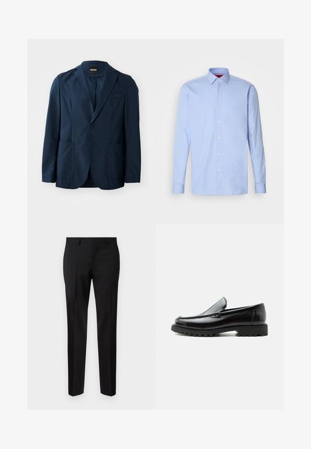 Navyblauer Blazer aus strukturiertem Stoff, mit zwei Fronttaschen, einreihiger Knopfverschluss und Reverskragen. Markenlabel im Kragen sichtbar.; Hellblaues langärmliges Hemd aus Baumwolle mit klassischem Kragen und Knopfleiste mit weißen Knöpfen. Glatte Textur.; Schwarze maßgeschneiderte Hosen aus glattem Stoff, mit geradem Bein, feinen Bügelfalten und einem klassischen Bund mit Gürtelschlaufen.; Schwarzer Lederloafer mit grober Gummisohle, genähter Oberseite und geprägtem Markennamen an der Ferse, seitlich auf weißem Hintergrund gezeigt.