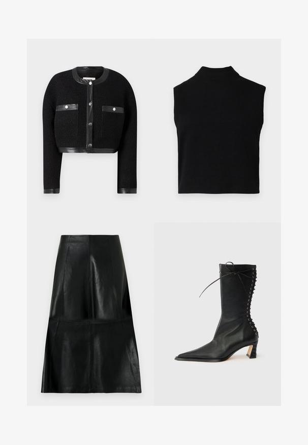 Schwarze, cropped Jacke aus strukturiertem Stoff, mit Lederakzenten und zwei vorderen Taschen. Verfügt über einen Knopfverschluss und einen runden Halsausschnitt.; Schwarzes, ärmelloses Rollkragenoberteil mit tailliertem Schnitt, aus weichem Stoff, mit geripptem Kragen und glatter Textur.; Schwarzer kniehoher Lederminirock mit vertikalen und horizontalen Nähten in Paneel-Optik, am Saum leicht ausgestellt.; Schwarzer Leder-Stiefelette mit spitzer Zehenpartie, schlankem Absatz, Schnürdetail an der Rückseite und Metallösen. Glatte Textur mit elegantem Design.