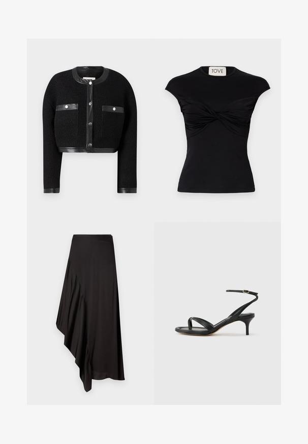 Veste noire courte en tissu texturé, avec des accents en cuir et deux poches avant. Elle possède une fermeture à boutons et un col rond.; Haut noir à manches courtes avec un détail de devant torsadé et une silhouette ajustée. Fabriqué en tissu extensible et lisse. Étiquette : TOVE.; AERON ASTER SKIRT - Jupe crayon - black; Sandale pour femme en cuir noir avec fines lanières, une boucle d'orteil, une boucle à la cheville et un talon aiguille de hauteur moyenne sur un fond neutre.