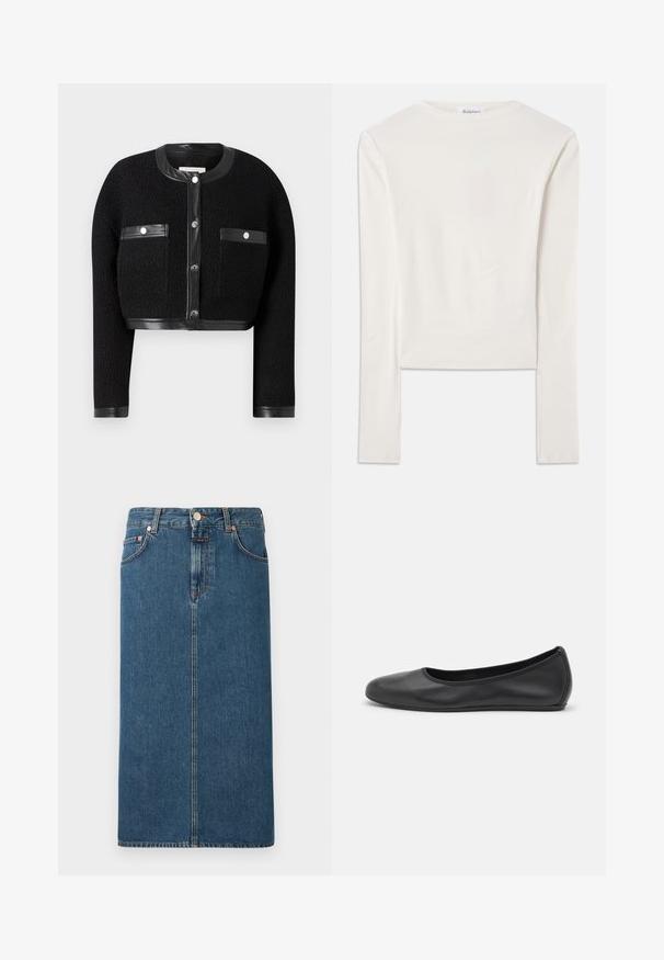Sort cropped jakke med tekstureret stof, læderdetaljer og to for- lommer. Den har knaplukning og rund halsudskæring.; Hvid langærmet top lavet af bomuld, med en simpel rund hals og en slim fit. Stof er glat med en let stræk.; Mørkeblå denim midi-nederdel med lige skæring, forlommer og hardware i kobberfarve. Har stikninger langs sømmene og knaplukning.; Sort læderballetsko med rund tå, glat tekstur, minimal syning og et fleksibelt såldesign.