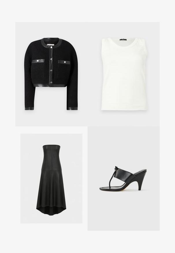 Sort cropped jakke med tekstureret stof, læderdetaljer og to for- lommer. Den har knaplukning og rund halsudskæring.; Hvid ærmeløs tanktop med rund hals og sort mærke ved kraven, vist på en ensfarvet lys baggrund.; Sort stropløs kjole i imiteret læder med tætsiddende krop og vid nederdel, med sømdetaljer og høj-lav kant.; Sort højhælet sandal med bred frontrem og en tåsløjfe med en knyttet snordetalje, vist i profil på hvid baggrund.