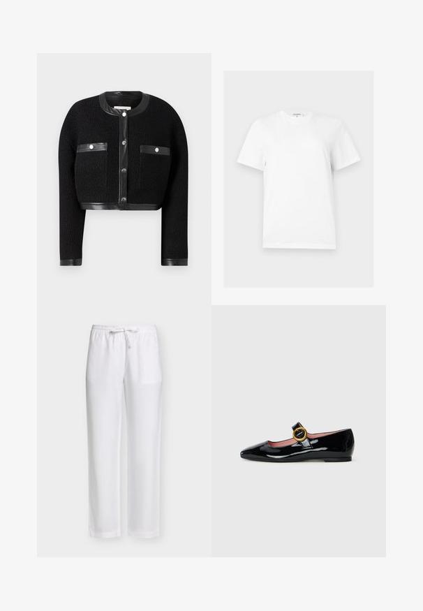 Sort cropped jakke med tekstureret stof, læderdetaljer og to for- lommer. Den har knaplukning og rund halsudskæring.; Enkelt hvid T-shirt med korte ærmer, rund halsudskæring, lige snit og lille mærke ved halsen.; Løst siddende hvide hørbukser med elastisk taljebånd og snøre foran, lige ben, vist mod en lys baggrund.; Sorte patentlæder flade sko med en afrundet spids tå og et bånd med en stor guldfarvet rund spænde.