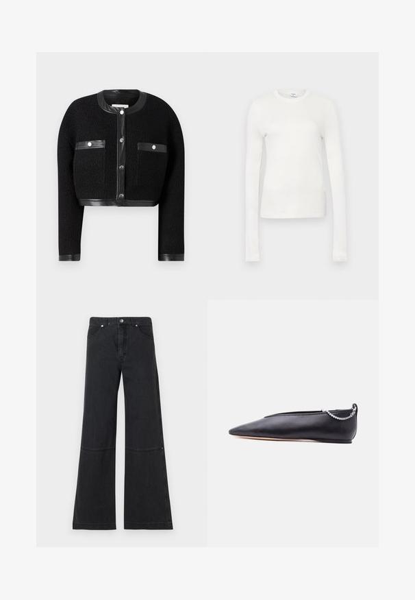 Sort cropped jakke med tekstureret stof, læderdetaljer og to for- lommer. Den har knaplukning og rund halsudskæring.; Hvid langærmet t-shirt lavet af blødt bomuld. Har rund halsudskæring, tætsiddende silhuet og glat tekstur. Ingen mønstre eller accenter.; Sorte brede ben jeans lavet af denim, med høj talje, forlommer og en subtil sømdetalje ved knæet. Metal knaplukning.; Sort læder flad sko med spids tå, lav hæl og sølvkæde detalje bagpå mod en ensfarvet baggrund.