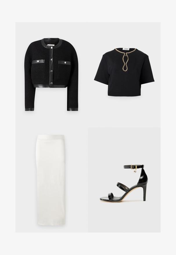 Sort cropped jakke med tekstureret stof, læderdetaljer og to for- lommer. Den har knaplukning og rund halsudskæring.; Sort kortærmet cropped top med rund halsudskæring, der har et gyldent perlebesat loop-design midt foran.; Hvid, knælang nederdel lavet af glat, letvægtsstof med et lige snit og en enkel, elastisk talje.; Sorte patenterede lædersandaler med tre stropper, ankelspænde og 10 cm stiletthæl. Har detaljer i guld og et logo charms.