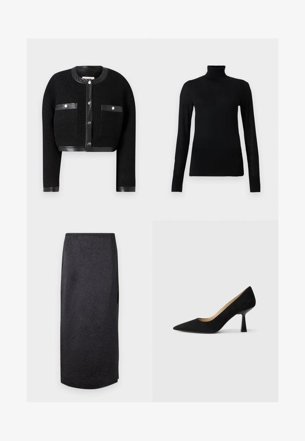 Schwarze, cropped Jacke aus strukturiertem Stoff, mit Lederakzenten und zwei vorderen Taschen. Verfügt über einen Knopfverschluss und einen runden Halsausschnitt.; Schwarzer Rollkragenpullover aus weichem, leichtem Material. Mit langen Ärmeln und einem taillierten Design mit hohem Kragen.; Schwarzer Midirock mit einer zerknitterten Textur, geradem Schnitt und seitlichem Schlitz. Das Material wirkt leicht. Der Saum ist leicht gerundet.; Schwarze Wildleder-Pumps mit hohem Absatz und spitzer Zehenform, ausgestattet mit einem glänzenden schwarzen Blockabsatz und einem glatten Innenfutter.