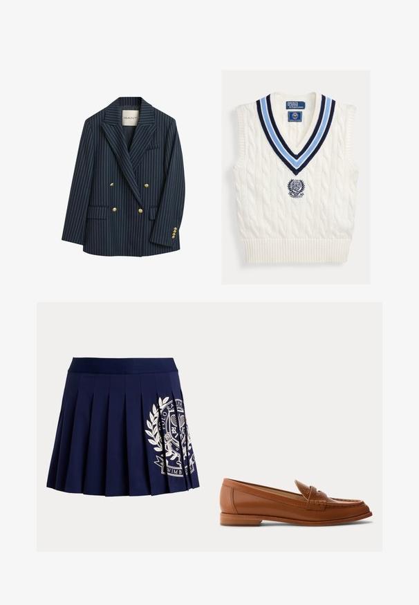 Marineblå stribet dobbeltbrystet blazer med guldknapper, klaplapper og to forlommer. Stoffet fremstår glat med en skræddersyet pasform.; Hvid kabelstrikket ærmeløs sweatervest med blåstribet V-hals og Polo Ralph Lauren Wimbledon-logo på brystet.; Marineblå plisseret nederdel med bred linning og hvid tennisinspireret logo på nederste højre side.; Brun læderloafer med lavt træsål, klassisk penny-rem og syet detalje langs tå og sider.