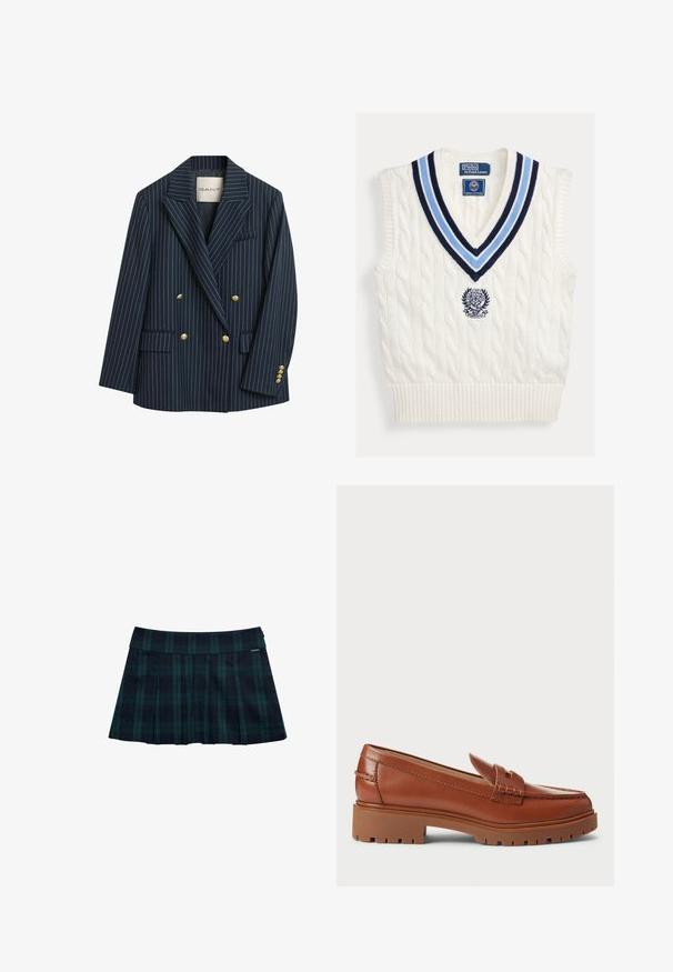 Marineblå stribet dobbeltbrystet blazer med guldknapper, klaplapper og to forlommer. Stoffet fremstår glat med en skræddersyet pasform.; Hvid kabelstrikket ærmeløs sweatervest med blåstribet V-hals og Polo Ralph Lauren Wimbledon-logo på brystet.; Rynket nederdel med tern i mørkegrøn og marineblå med en glat talje og logo-accent. Har et klassisk, lagdelt rynkedesign.; Brune læder loafers med en moccasin-foddesign, synlig syning og en kraftig, tekstureret gummisål. Hardware i guldfarve som accent.