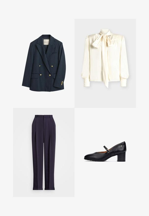 Marineblå stribet dobbeltbrystet blazer med guldknapper, klaplapper og to forlommer. Stoffet fremstår glat med en skræddersyet pasform.; Flødefarvet bluse med sløjfehals, lange ærmer med knapdetaljer ved manchetterne og en glat, skinnende tekstur.; Marineblå skræddersyede bukser med høj talje, plisseret front og smal kant. Fremstillet af et glat stof med en poleret overflade.; Sorte læder Mary Jane sko med rund tå, ankelrem med en rund spænde og en mid-høj træblok hæl. Teksturerede detaljer på hælen.