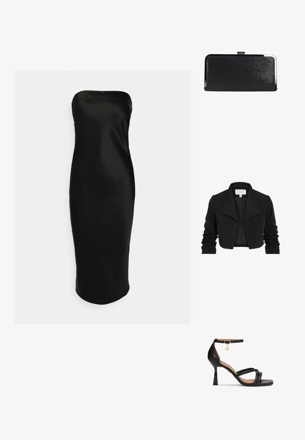 Zwarte cropped jas gemaakt van gladde stof, met een brede kraag, gerimpelde lange mouwen en een open voorkant.; Gina Tricot TUBE MIDI DRESS - Cocktailjurk - black; Zwarte leren sandalen met hoge hakken, een vierkante neus, meerdere dunne bandjes, een enkelbandje met een gouden bedel en een chunky hak.; Zwarte rechthoekige clutch met textuur, zilverkleurig metalen frame en sluiting, op een witte achtergrond.