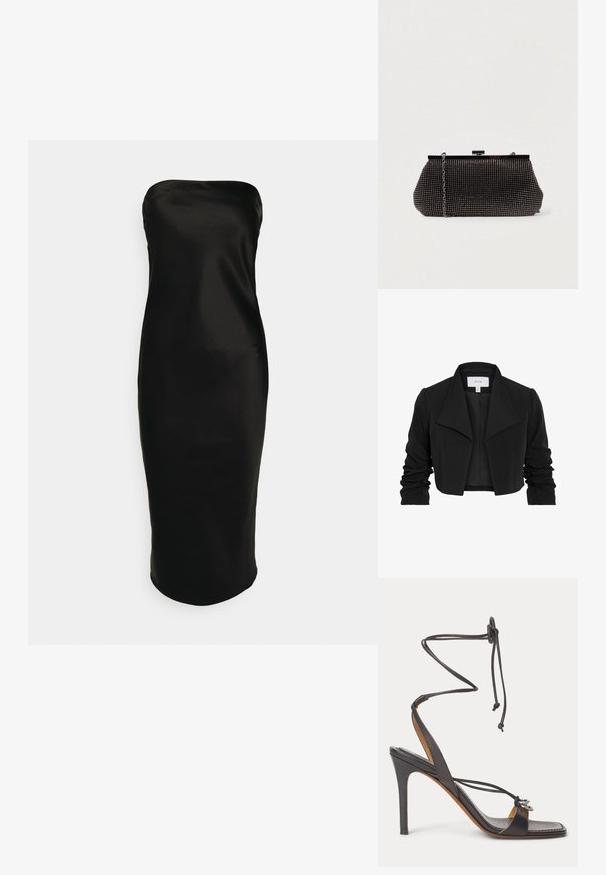 Čierna skrátená bunda vyrobená z hladkej tkaniny, má široký golier, riasené dlhé rukávy a otvorený predný dizajn.; Gina Tricot TUBE MIDI DRESS - Koktailové šaty/večierkové šaty - black; Čierne sandále na vysokom podpätku s tenkými remienkami obopínajúcimi členok, otvorenou špičkou a striebornými dekoratívnymi krúžkami na prednom remienku na bielom pozadí.; Čierna sieťová kabelka s pevným siluetou, zdobená malými kovovými cvočkami, má uzáver na klip a odnímateľný reťazový popruh.