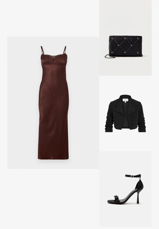 Zwarte cropped jas gemaakt van gladde stof, met een brede kraag, gerimpelde lange mouwen en een open voorkant.; Satin-midi-jurk in donkerbruin met dunne verstelbare bandjes, aansluitend lijfje, gepofte details bij de buste en een gladde textuur.; Zwarte sandaal met hoge hak, een enkelriem, een zilveren gesp en een voorriem met een klein strikdetail.; Zwarte gewatteerde satijnen clutch met zilveren piramide studs, kettingriem, rechthoekige vorm en een gladde textuur. Afmetingen van 10 cm x 18 cm x 4 cm.