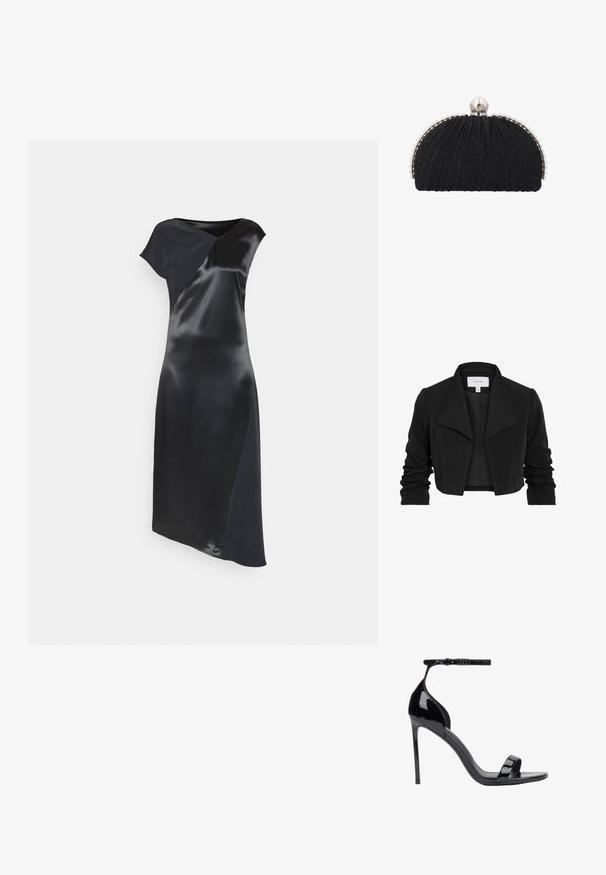 Zwarte cropped jas gemaakt van gladde stof, met een brede kraag, gerimpelde lange mouwen en een open voorkant.; Calvin Klein NAIA SHINE MIDI DRESS - Cocktailjurk - black; ESTRO Sandalen - black; Zwarte avondclutch met gestructureerde stof, omlijst door een rij kleine parels en een grote parelsluiting bovenop.