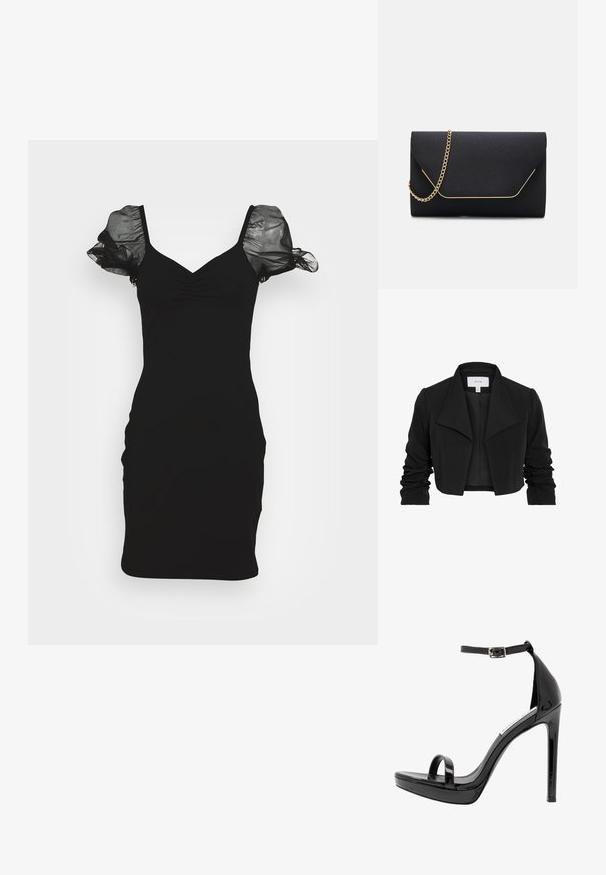 Čierna skrátená bunda vyrobená z hladkej tkaniny, má široký golier, riasené dlhé rukávy a otvorený predný dizajn.; Even&Odd by Zalando DRESS - Koktailové šaty/večierkové šaty - black; Steve Madden MILANO - Sandále na vysokom opätku - black; Čierna kabelka cez rameno so hladkou textúrou, s zlatým reťazovým popruhom a geometricky tvarovaným uzáverom orámovaným zlatom.