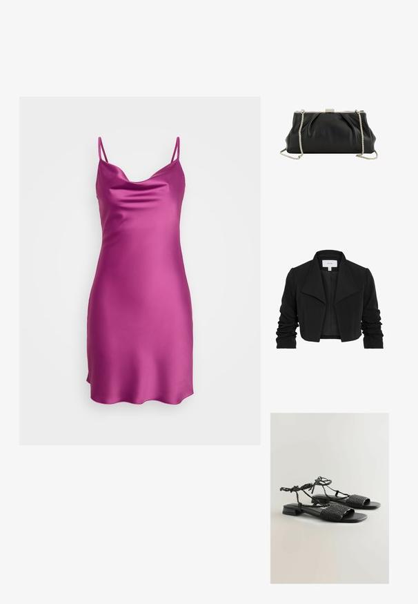Zwarte cropped jas gemaakt van gladde stof, met een brede kraag, gerimpelde lange mouwen en een open voorkant.; Satin roze slipdress met dunne spaghettibandjes, een coude halslijn en een gladde textuur. De zoom is voorzien van een subtiele golvende rand.; Zwarte sandalen met geweven stofbanden, een platte zool en verstelbare gevlochten strikken rond de enkel. Gladde, stijlvolle textuur.; Zwart zachte leren clutch portemonnee met zilveren metalen frame en afneembare zilveren kettingriem op een witte achtergrond.