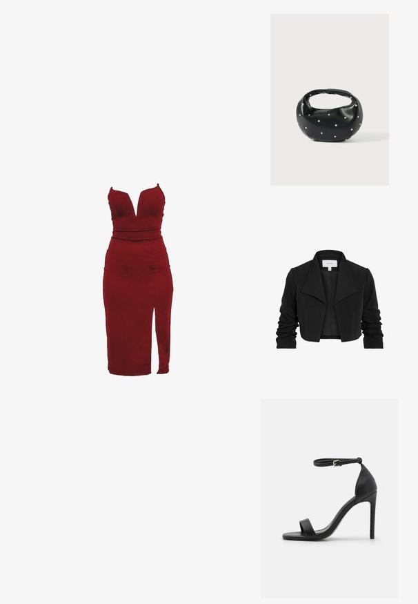 Veste noire cintrée en tissu lisse, avec un large col, des manches longues froncées et un design ouvert à l'avant.; Robe moulante sans manches, de couleur rouge foncé, avec un décolleté plongeant et une fente haute sur la cuisse droite.; Sandale noire à talons hauts au design épuré, avec une bride au niveau de la cheville, un bout ouvert et une texture en cuir lisse.; Sac à main en cuir noir de forme arrondie, décoré de clous argentés et équipé d'une poignée courte. Texture lisse et fermeture éclair.