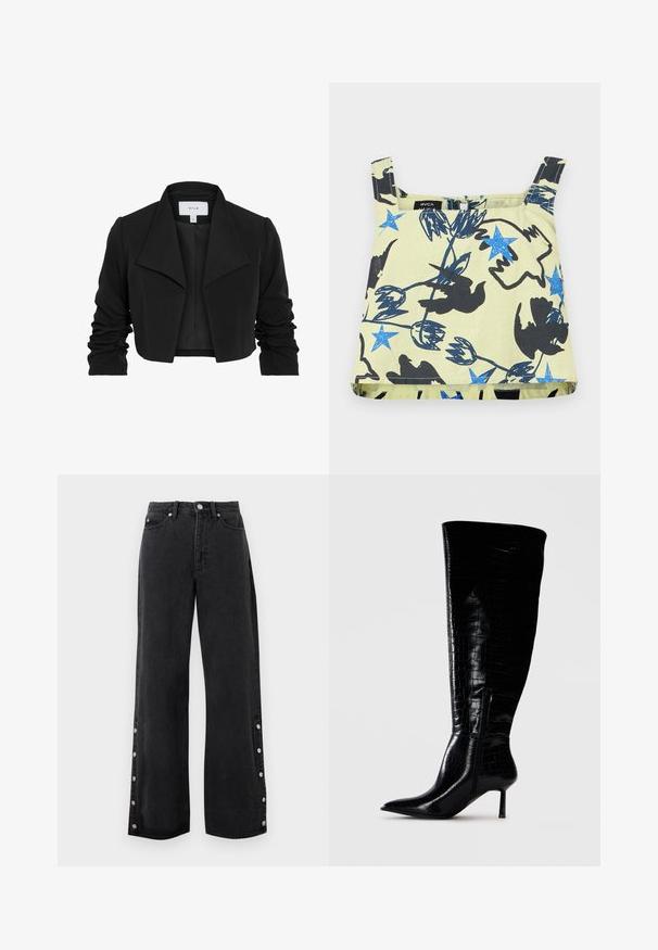 Veste noire cintrée en tissu lisse, avec un large col, des manches longues froncées et un design ouvert à l'avant.; Haut court beige sans manches avec des étoiles bleues, des silhouettes d'oiseaux noirs et des motifs floraux abstraits.; Jean noir à jambes larges avec taille haute et détails de boutons le long des coutures extérieures, de la cheville jusqu'au milieu du mollet.; Bottes noires montantes en cuir verni avec un motif crocodile. Bout pointu et talon fin ; dotées d'une fermeture éclair sur le côté.