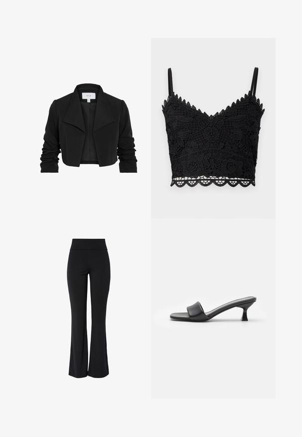 Zwarte cropped jas gemaakt van gladde stof, met een brede kraag, gerimpelde lange mouwen en een open voorkant.; Zwarte kant bralette met bloemenpatroon, gegolfde randen, verstelbare bandjes en gestructureerde stof. Lichtgewicht en nauwsluitend ontwerp.; Zwarte high-waist stretchbroek met iets uitlopende pijp en een glad, naadloos ontwerp tegen een witte achtergrond.; Zwarte hoge muiltjes met een gladde, matte leren bovenkant, open teen, brede band over de wreef en slanke, vierkante hak.