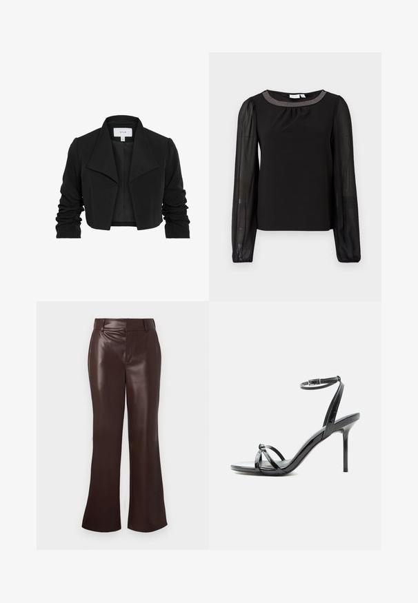 Veste noire cintrée en tissu lisse, avec un large col, des manches longues froncées et un design ouvert à l'avant.; Haut noir à manches longues transparentes et encolure froncée. Le col est orné d'embellissements métalliques, offrant un contraste avec le tissu doux.; Pantalons évasés en simili cuir marron avec une texture lisse, dotés d'une taille ceinturée et d'une fermeture éclair. Lignes épurées et silhouette élégante.; Sandale à talon haut en cuir verni noir avec de fines lanières croisées sur les orteils et une sangle à boucle à la cheville sur fond blanc.
