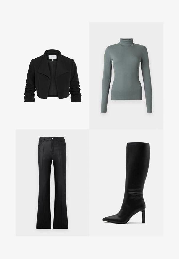 Čierna skrátená bunda vyrobená z hladkej tkaniny, má široký golier, riasené dlhé rukávy a otvorený predný dizajn.; Dlhý rukáv, turtleneck top vyrobený z mäkkej, textúrovanej zelenej rebrovanej látky. Priliehavý dizajn s vysokým golierom a bezšvovou konštrukciou po celom obvode.; Čierne rozšírené nohavice vyrobené z hladkého syntetického materiálu, s vysokým pásom, prednými vreckami a viditeľným švom pozdĺž nôh.; Even&Odd Čižmy - black