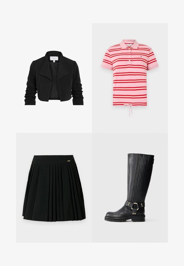 Veste noire cintrée en tissu lisse, avec un large col, des manches longues froncées et un design ouvert à l'avant.; Polo rose à manches courtes avec des rayures horizontales rouges et blanches, des boutons au col et un cordon de serrage à l’ourlet.; Jupe plissée noire avec une ceinture lisse et une fermeture éclair latérale. Fabriquée en tissu doux, elle présente des plis nets pour un look structuré.; Botte en cuir noire jusqu'au genou avec des côtes élastiques, semelle crantée, et bande décorative avec un anneau en métal doré et des rivets.