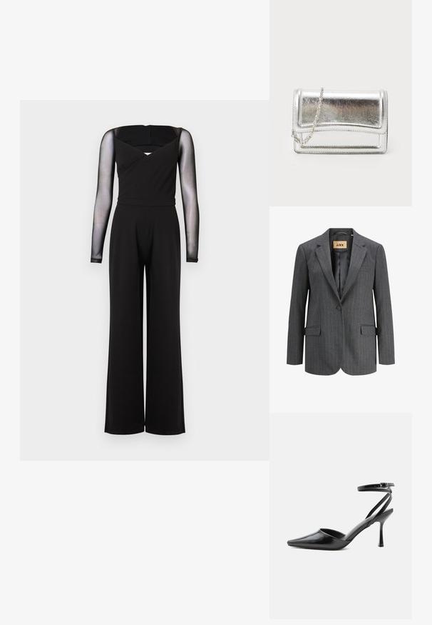 Blazer gris a rayas con solapas de muesca, dos bolsillos frontales y cierre de un solo botón. El material tiene una textura suave y un corte entallado.; Mono negro de manga larga con mangas de malla translúcida, escote cuadrado, cintura ajustada y pantalones de pierna ancha sobre un fondo liso.; Zapato de tacón alto negro de punta fina con delgadas correas en el tobillo y cierre de hebilla plateada sobre un fondo liso claro.; Bolso de mano metálico plateado con textura suave, cierre de solapa y cadena para el hombro. Presenta un diseño rectangular estructurado y acentos cosidos.