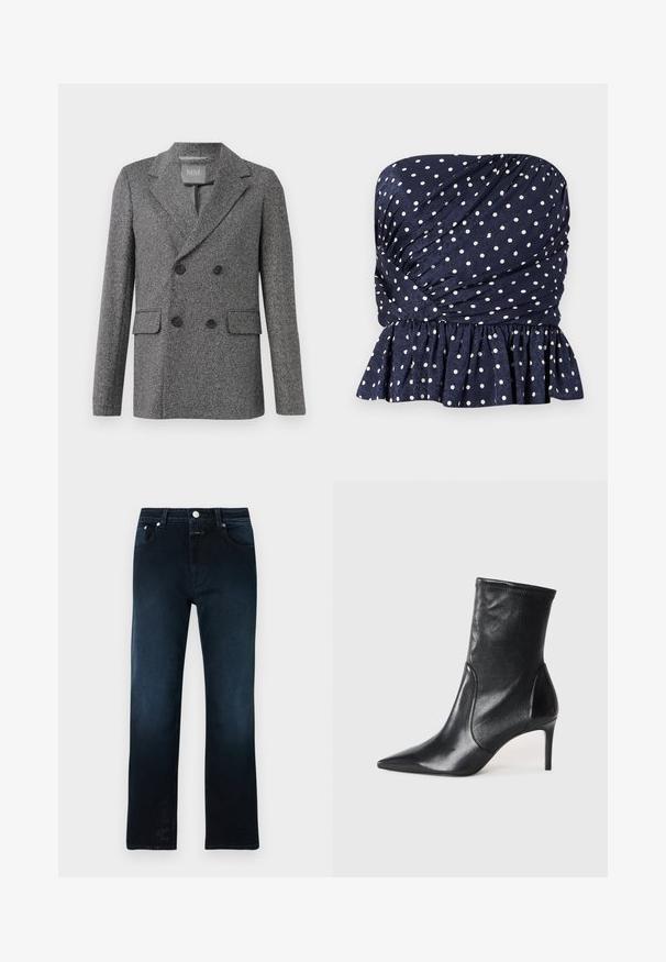 Grijze dubbelzijdige blazer van een gestructureerde stof, met schouderflappen, twee voorzakken en zwarte knopen. Etiket zichtbaar aan de binnenkant van de hals.; Navyblauwe strapless top met witte polka dots, voorzien van geplooide stof en een gerimpelde zoom ter hoogte van de taille.; Donkerblauwe jeans voor heren met rechte pijpen, voor- en achterzakken, knoopsluiting en riemlussen, afgebeeld op een witte achtergrond.; Zwarte enkelboots van soepel leer, met een spitse neus, een aangesloten schacht en een slanke hoge hak. Minimalistisch ontwerp zonder zichtbare hardware.
