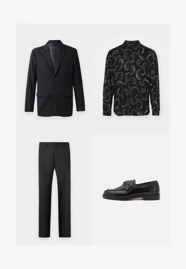 Blazer noir en tissu lisse, avec un revers en notch, deux poches avant et deux boutons. Coupe ajustée avec un design minimaliste.; Chemise noire à boutons avec des motifs en paisley blancs tourbillonnants, manches longues et col classique, fabriquée en tissu léger.; Pantalon habillé noir sur mesure avec passants de ceinture et un pli devant, présenté sur un fond gris clair.; Mocassins en cuir noir avec un bout arrondi et une boucle décorative. Talon plat, solide et texture lisse sur l'ensemble.