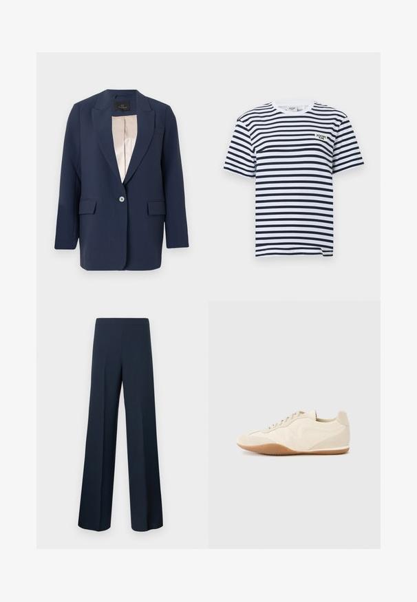 Veste blazer bleu marine à un bouton, avec revers crantés, poches à rabat et doublure intérieure en satin beige, présentée sur un fond uni.; T-shirt homme à manches courtes à rayures horizontales noires et blanches, col rond et logo "JOOP! JEANS" sur la poitrine gauche.; Pantalon large bleu marine en tissu lisse à taille haute sans fermetures visibles, présentant des lignes épurées et une silhouette élégante.; Baskets beige clair avec une tige en cuir texturé, des panneaux latéraux texturés et une semelle en caoutchouc. Dotées d'un design fin et épuré ainsi que de lacets plats.