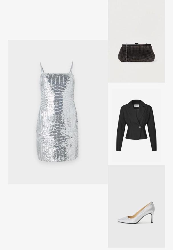 Veste noire sur mesure avec un bouton unique, des revers aiguisés et de longues manches. Présente une coupe structurée et une poche poitrine.; Robe mini en sequins argentés avec des bretelles fines, présentant un motif géométrique dans des nuances variées de gris, créant un effet visuel texturé.; Pompe à talons aiguilles en argent pailleté avec un bout pointu et une doublure intérieure lisse. Le talon est fin, soulignant le design élégant.; Pochette noire en mesh avec une silhouette structurée, ornée de petits clous métalliques, dotée d'une fermeture à clip et d'une bandoulière en chaîne détachable.