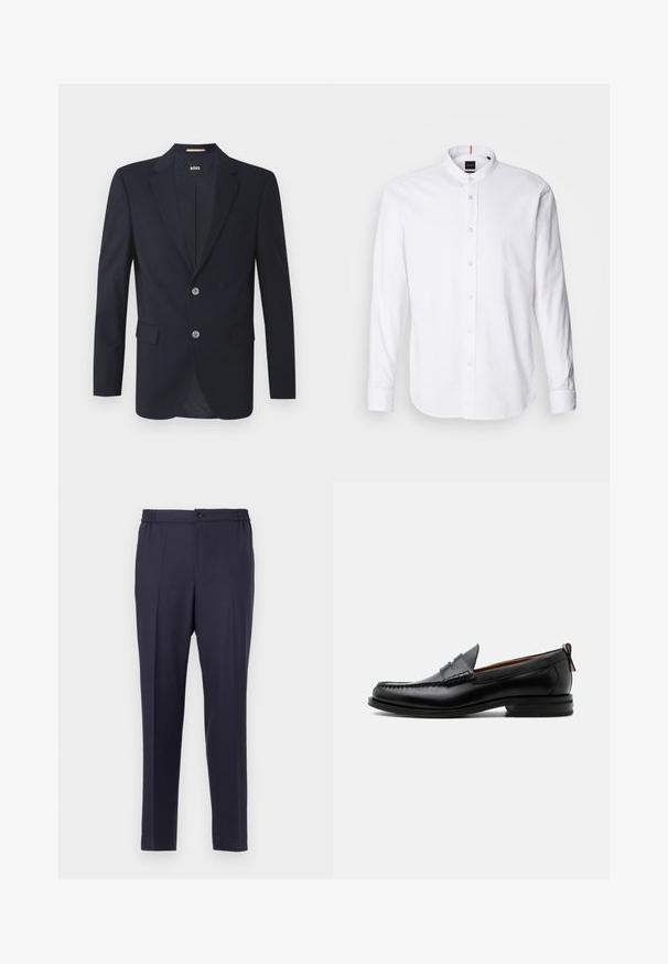 Blazer navy con solapa muesca, dos bolsillos frontales, dos botones plateados y tejido texturizado. El interior forrado presenta un patrón sutil.; Camisa blanca de manga larga con cuello de banda, cierre de botones en el frente y dobladillo redondeado. Hecha de algodón, presenta una textura suave y un brillo sutil.; Pantalones azul marino con frente plano, cintura elástica y cierre de botón. Corte recto y textura suave, adecuados para uso formal o casual.; Mocasín de hombre de piel negra con costura moc toe, tira penny, cuello texturizado y tacón bajo apilado sobre fondo blanco.