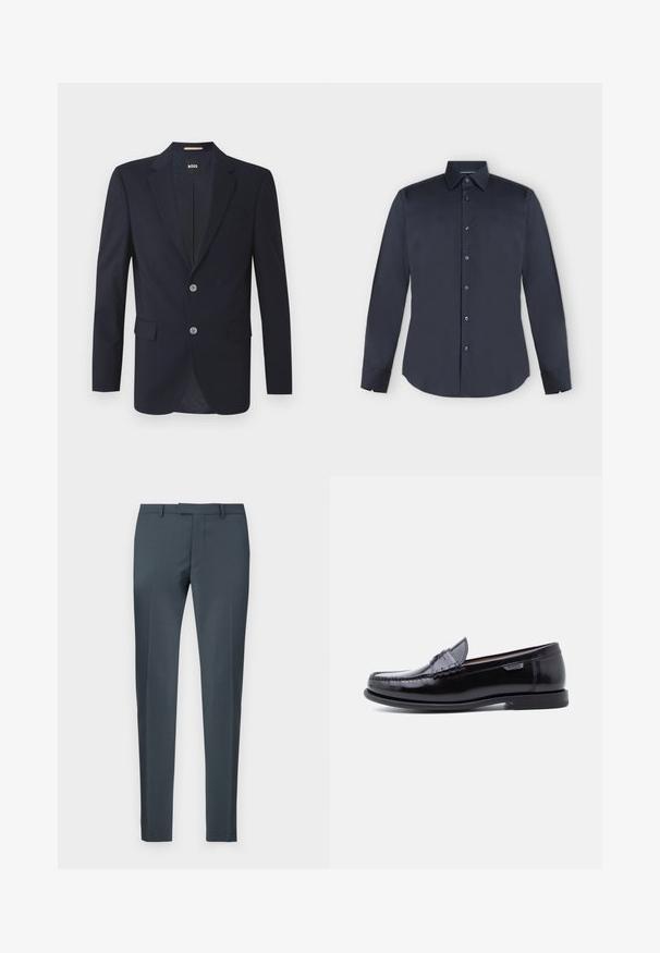 Blazer navy con solapa muesca, dos bolsillos frontales, dos botones plateados y tejido texturizado. El interior forrado presenta un patrón sutil.; Camisa de vestir para hombre de manga larga en azul marino oscuro con botones, cuello puntiagudo y puños abotonados sobre un fondo gris claro.; Pantalones slim-fit en tejido gris oscuro, con un diseño de frente plano, passantes para cinturón y bolsillos laterales, con una textura suave y una forma ajustada.; Mocasines de cuero negro con acabado brillante, que presentan un diseño cosido en la puntera y una suela baja de goma negra texturizada.