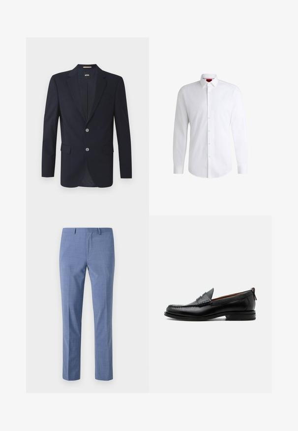 Marineblazer mit Schößchen, zwei vorderen Taschen, zwei silbernen Knöpfen und strukturiertem Stoff. Futter mit subtilm Muster.; Weißes Herrenhemd aus glattem Stoff mit klassischem Kragen, langen Ärmeln und abgerundetem Saum. Mit eleganten beigen Knöpfen an der Vorderseite.; Hellblaue Anzughose, taillierte Passform, strukturierter Stoff, flacher Vorderteil, schräge Seitentaschen und ein glatter Bund mit Gürtelschlaufen.; Schwarzer Leder-Herrenschuh mit Mokassinnaht, Penny-Riemen, strukturiertem Kragen und niedrigem gestapeltem Absatz auf weißem Hintergrund.