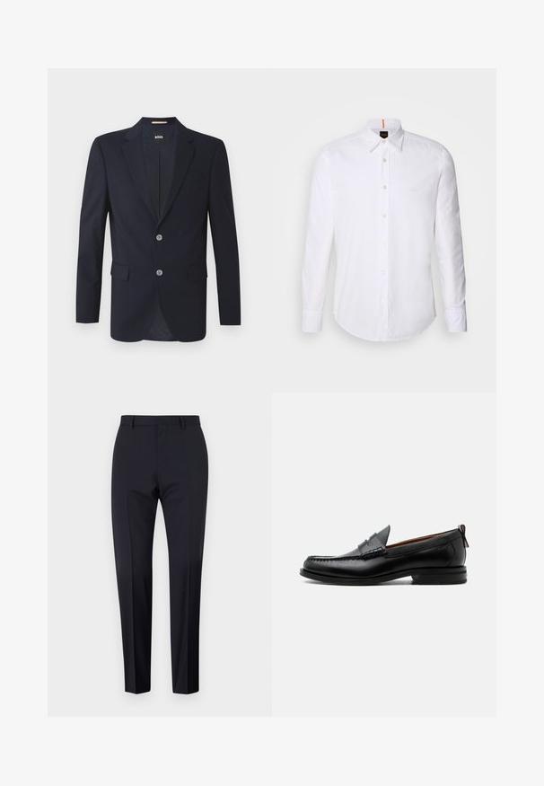 Tumed blazer, millel on sakiline krae, kaks esist pocketit, kaks hõbedast nuppu ja tekstureeritud kangas. Vooder on kaunistatud peene mustriga.; Valge pikakä sleeve'iga nööbitav särk, valmistatud puuvillast, klassikalise kraega, kerge logoga rinna lähedal ja valged nööbid.; Tumes sinised püksid, sirge esiosa, kitsas lõige, vööde korral ja küljetaskudega. Sujuv kangas, terava viimistlusega, ilma nähtavate mustrite või aktsentideta.; Mustast nahast meeste mokasiin, millel on moc varbaõmblus, penny rihm, tekstuuriga krae ja madal virnastatud konts valgel taustal.
