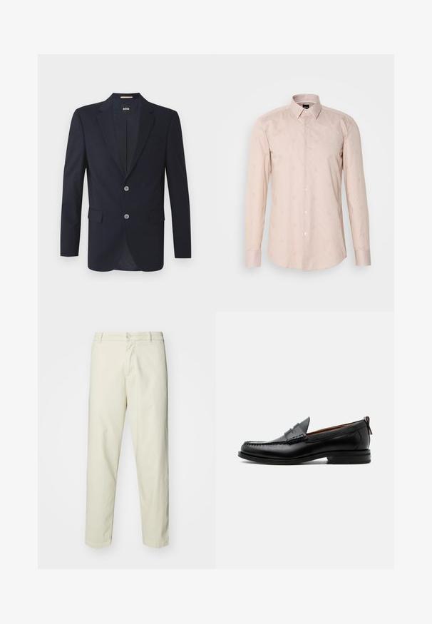 Blazer navy con solapa muesca, dos bolsillos frontales, dos botones plateados y tejido texturizado. El interior forrado presenta un patrón sutil.; Camisa de manga larga color rosa claro con cuello abotonado, sutil patrón de rayas y motivos circulares bordados.; Pantalones de algodón color beige claro con un diseño de pierna recta, cuentan con un cierre frontal de botón y bolsillos estándar, textura suave y sin patrones.; Mocasín de hombre de piel negra con costura moc toe, tira penny, cuello texturizado y tacón bajo apilado sobre fondo blanco.