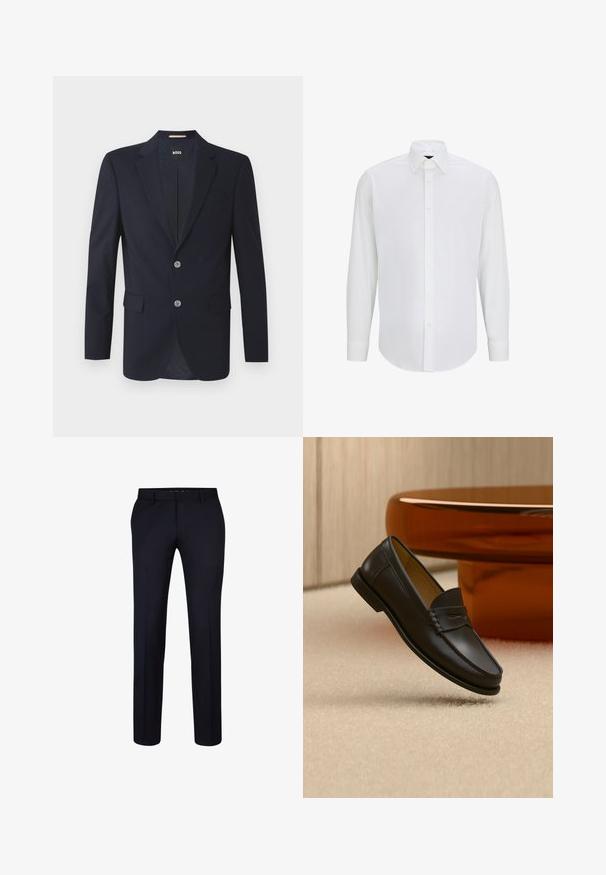 Marineblazer mit Schößchen, zwei vorderen Taschen, zwei silbernen Knöpfen und strukturiertem Stoff. Futter mit subtilm Muster.; Weißes Langarmhemd aus glattem Stoff mit klassischem Kragen, knöpfen in der Front und abgerundetem Saum. Keine sichtbaren Muster oder Akzente.; BOSS H WENTEN B1 - Anzughose - dark blue; Schwarzer Leder-Loafer, der über einem hellbeigen Teppich schwebt, mit bernsteinfarbenen modernen Möbeln im Hintergrund.
