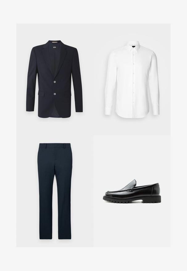 Marineblazer mit Schößchen, zwei vorderen Taschen, zwei silbernen Knöpfen und strukturiertem Stoff. Futter mit subtilm Muster.; Weißes Langarmhemd, vorne mit Knöpfen, klassischer Kragen, aus glattem Stoff mit feiner Textur, für eine figurnahe Passform entworfen.; Marineblau maßgeschneiderte Hosen mit strukturiertem Stoff, geradem Bein und vorderen Falten. Mit Gürtelschlaufen und einem glatten Bund.; Schwarzer Lederloafer mit grober Gummisohle, genähter Oberseite und geprägtem Markennamen an der Ferse, seitlich auf weißem Hintergrund gezeigt.