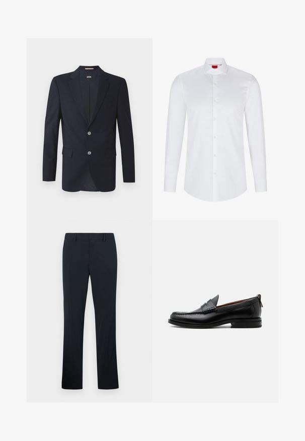 Blazer navy con solapa muesca, dos bolsillos frontales, dos botones plateados y tejido texturizado. El interior forrado presenta un patrón sutil.; Camisa blanca de manga larga con botones, hecha de algodón suave. Presenta un cuello clásico, una botonera completa y un dobladillo redondeado.; Pantalones de vestir negros de corte recto para hombre con trabillas para cinturón y cremallera frontal, mostrados sobre un fondo claro y liso.; Mocasín de hombre de piel negra con costura moc toe, tira penny, cuello texturizado y tacón bajo apilado sobre fondo blanco.