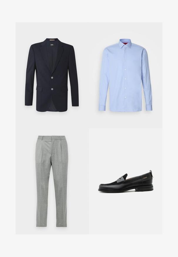 Blazer navy con solapa muesca, dos bolsillos frontales, dos botones plateados y tejido texturizado. El interior forrado presenta un patrón sutil.; Camisa de dress de manga larga azul claro, confeccionada en algodón, con cuello clásico y cierre de botones en el frente con botones blancos. Textura suave.; Pantalones de vestir ajustados en gris claro con pliegues frontales, pasadores para cinturón y corte recto sobre un fondo blanco.; Mocasín de cuero negro con detalle de tira gris, tacón bajo y suela texturizada, con la marca "HUGO" en oro en el lateral.