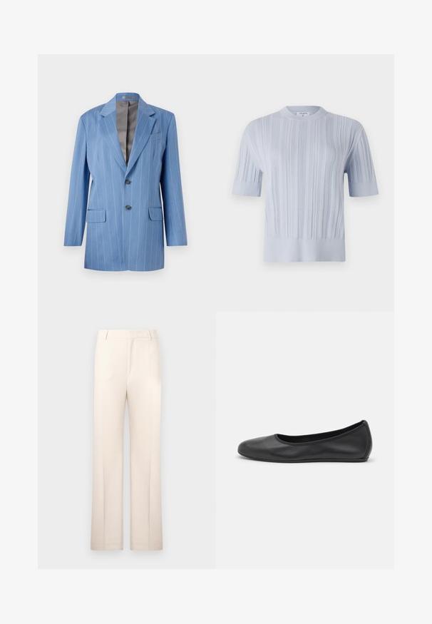 Blazer a rayas finas en azul claro con dos bolsillos frontales, dos botones y un cuello con muesca. Presenta un forro interior suave en gris.; Top de punto de manga corta en azul claro, con textura de canalé vertical y cuello redondo. La tela presenta un detalle sutil con un dobladillo ajustado.; Pantalones tailored beige con un diseño de pierna recta, hechos de tela ligera. Presentan pliegues en la parte delantera y una cintura clásica.; Bailarina de piel negra con punta redondeada, textura suave, detalle de costura minimalista y diseño de suela flexible.