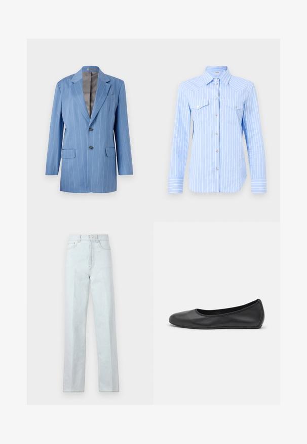 Lyseblå blazer med striber, to forlommer, to knapper og en klippet krave. Har en glat, grå indvendig foring.; Lyseblå stribet skjorte med knapper og lange ærmer, to brystlommer og sølvfarvede knapper. Stoffet fremstår glat og let.; Lysblå denim jeans med bred benpasform og høj talje, der har en frontlynlås, knaplukning og klassisk fem-lommemodel.; Sort læderballetsko med rund tå, glat tekstur, minimal syning og et fleksibelt såldesign.