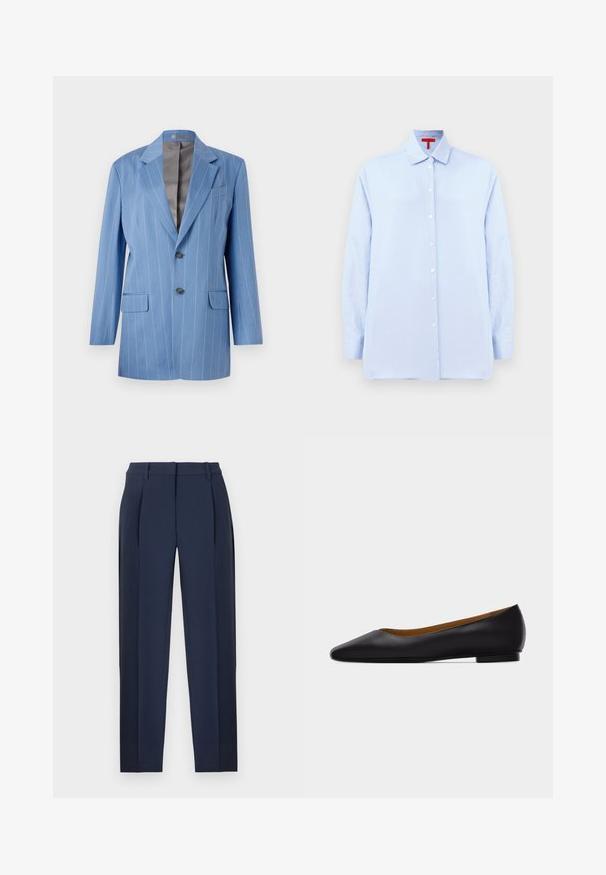 Blazer a rayas finas en azul claro con dos bolsillos frontales, dos botones y un cuello con muesca. Presenta un forro interior suave en gris.; Camisa de botones azul claro con mangas largas, cuello y botones blancos. Hecha de tela suave, con un corte holgado y sin estampados.; Pantalones entallados azul marino con pliegues delanteros, trabillas para cinturón y piernas rectas, mostrados sobre un fondo blanco.; Zapato plano de punta puntiaguda de cuero negro con tacón bajo y acabado liso, mostrado de perfil sobre un fondo gris claro.